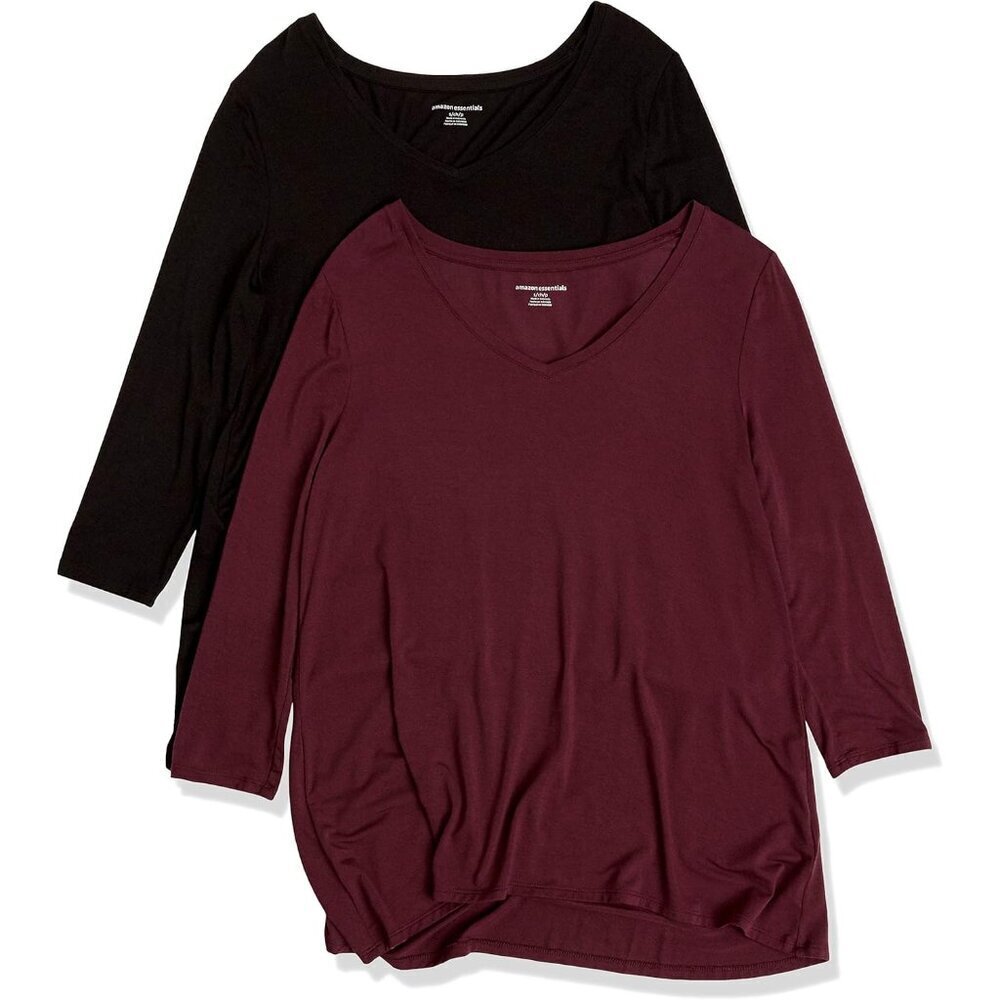Women's V-Neck Swing T-Shirt Plus Size Pack of 2 3/4 Sleeve Rayon Stretch